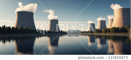 Rendering of a nuclear power plant with floating turbines and air coolers 115650873