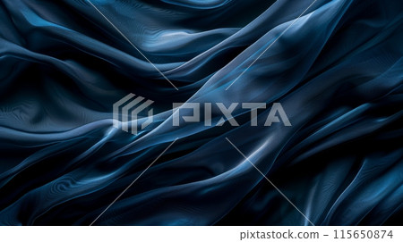 Elegant dark blue fabric with flowing, silky texture. 115650874