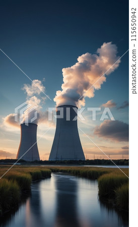 Rendering of a nuclear power plant with floating turbines and air coolers 115650942