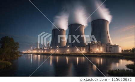 Rendering of a nuclear power plant with floating turbines and air coolers 115650985