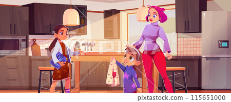 Mother with children in home kitchen interior 115651000