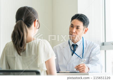 Doctor examining a seriously ill woman (prognosis, prognosis, too late, prognosis) 115651120