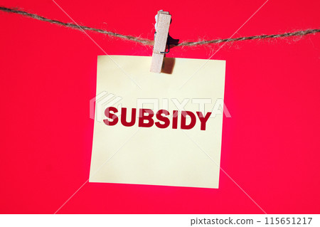 Business concept. SUBSIDY word on a yellow sticker suspended from a rope in front of a red background Business concept. SUBSIDY word on a yellow sticker suspended from a rope in front of a red background 115651217