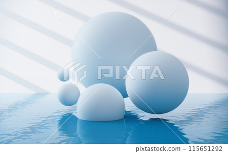 White spheres with water surface, 3d rendering. 115651292