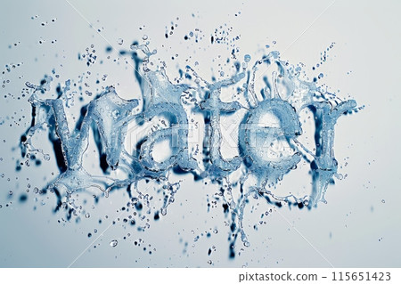 The word "water" spelled out in splashes of water, creating a dynamic visual effect. 115651423