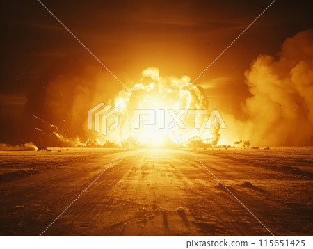 the initial flash of a nuclear explosion, with an intense burst of light radiating from the epicenter 115651425