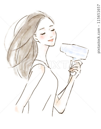 A woman drying her hair with a dryer. A woman drying her hair with a dryer. 115651657