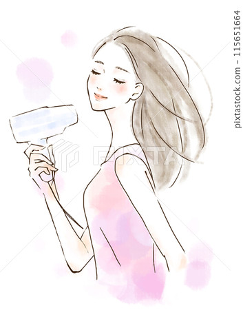 一個美麗的女人用吹風機吹乾頭髮的插圖 一個美麗的女人用吹風機吹乾頭髮的插圖 115651664