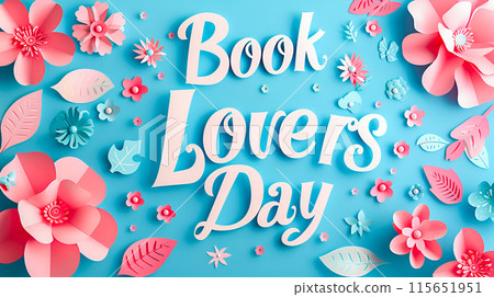 Papercut composition with words Book Lovers Day on light blue background 115651951