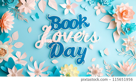 Papercut composition with words Book Lovers Day on light blue background 115651956