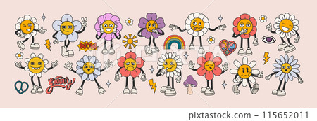 Retro groovy daisy flowers face, cute chamomile characters with different emotions, gestures and postures Retro groovy daisy flowers face, cute chamomile characters with different emotions, gestures and postures 115652011
