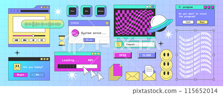 Retro computer screen interface with windows, folder, popup notification, browser and message frames 115652014