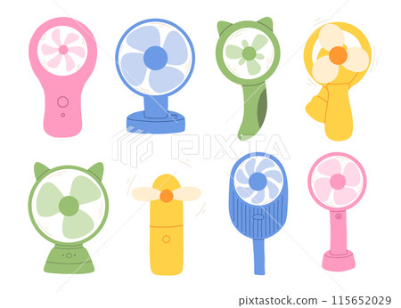 Set of table fan hand fan in flat style. Modern vector illustration of an electric fan. 115652029