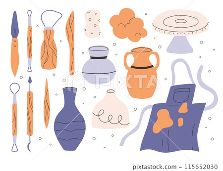 Set of pottery tools in flat style. Collection of tools for clay in hand drawn style. Vector illustration. 115652030