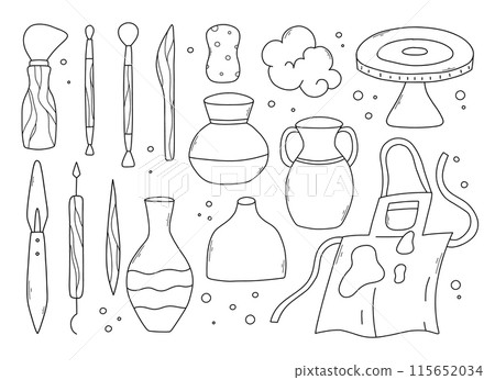 Set of pottery tools in doodle style. Collection of tools for clay in line style. Vector illustration. 115652034