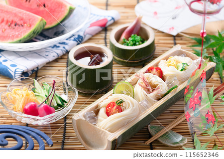 Somen noodles served on natural bamboo, a summer image Somen noodles served on natural bamboo, a summer image 115652346