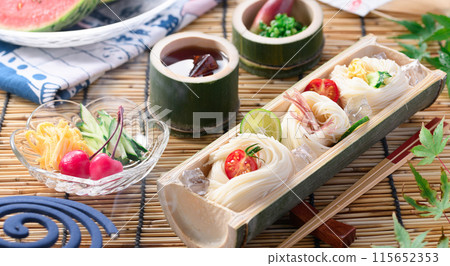 Somen noodles served on natural bamboo, a summer image Somen noodles served on natural bamboo, a summer image 115652353
