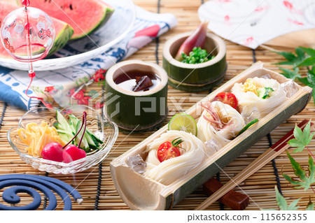 Somen noodles served on natural bamboo, a summer image Somen noodles served on natural bamboo, a summer image 115652355