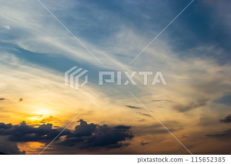 Horizon panorama and dramatic twilight sky and cloud sunset background. Natural sky background texture, beautiful color. Dark clouds, big storm and rain. Weather and nature concept Horizon panorama and dramatic twilight sky and cloud sunset background. Natural sky background texture, beautiful color. Dark clouds, big storm and rain. Weather and nature concept 115652385