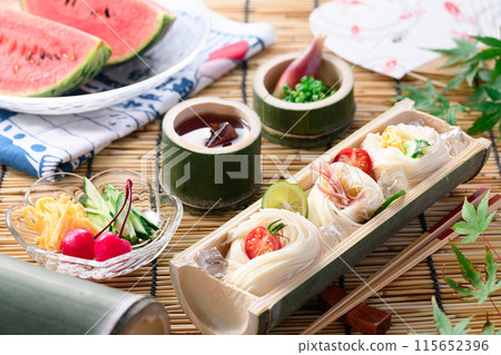 Somen noodles served on natural bamboo, a summer image Somen noodles served on natural bamboo, a summer image 115652396
