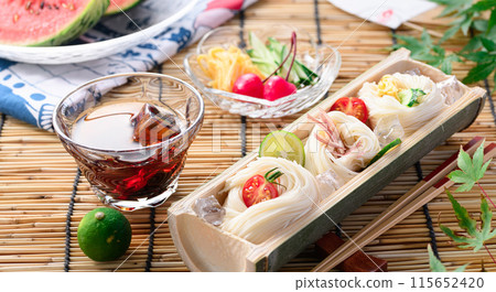 Somen noodles served on natural bamboo, a summer image Somen noodles served on natural bamboo, a summer image 115652420