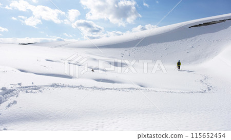 雪鞋徒步旅行的形象 鳥取沙丘的雪景 雪鞋徒步旅行的形象 鳥取沙丘的雪景 115652454