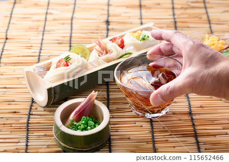 Somen noodles served on natural bamboo, a summer image 115652466