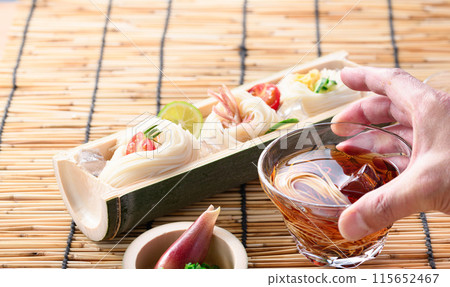 Somen noodles served on natural bamboo, a summer image 115652467