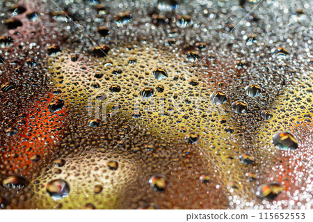 abstract background fall, glass drops autumn yellow leaves wet october weather 115652553