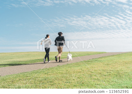家庭、情侶、情侶、男女在公園遛狗（跑步、慢跑、跑步） 115652591
