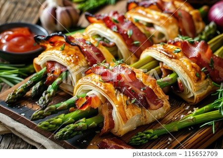 Asparagus and bacon puff pastry bundles Asparagus and bacon puff pastry bundles 115652709