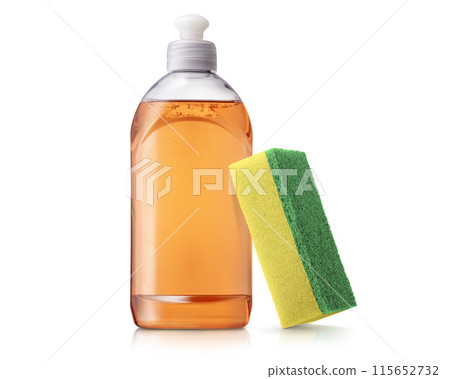 Orange bottle of dishwashing detergent and a sponge Orange bottle of dishwashing detergent and a sponge 115652732