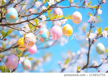 Colorful Easter eggs hanging on blooming tree branches outdoor in garden. Colorful Easter eggs hanging on blooming tree branches outdoor in garden. 115652735
