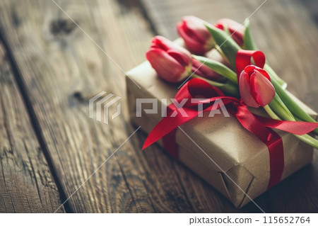 Gift with bow and tulips. Happy Valentines day and love decoration concept. 115652764