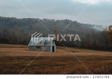 Rustic barn in verdant farmland under blue sky 115652768