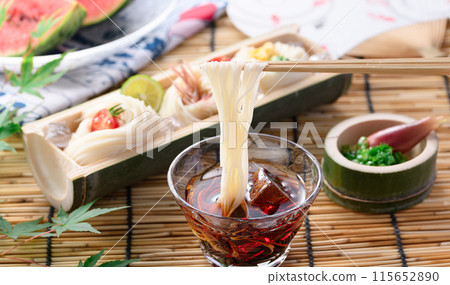 A summer tradition: dipping somen noodles in sauce A summer tradition: dipping somen noodles in sauce 115652890