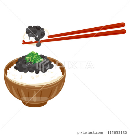 Black bean natto rice being picked up with chopsticks 115653180