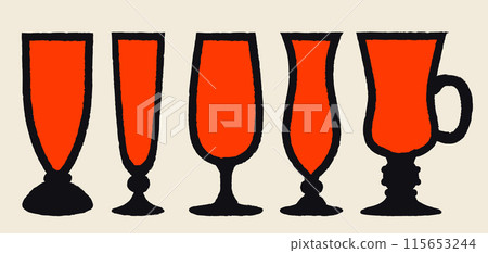 Vector illustration with texture. Cocktail glass set. Silhouette drawing Vector illustration with texture. Cocktail glass set. Silhouette drawing 115653244
