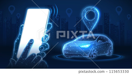 Phone in hands with blank screen and digital car. Parking application, Car sharing, Uber service 115653330