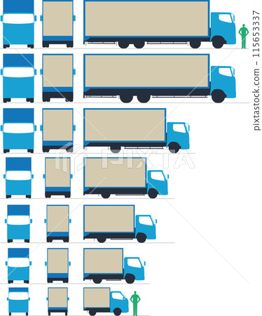Illustration of the size of the loading platform of a large and small truck (front, side, back) 115653337