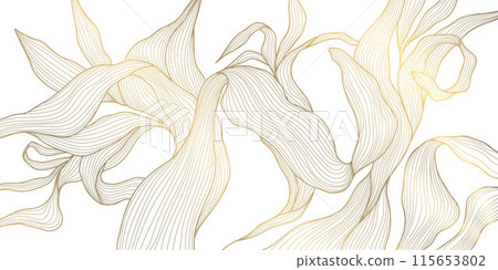 Vector gold leaf pattern. Floral luxury wallpaper, art deco botanical illustration. Palm tropical decoration, premium exotic line banner, japanese elegant border 115653802