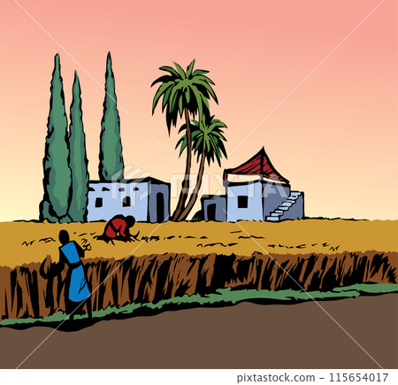 Vector drawing. Reapers in the field 115654017