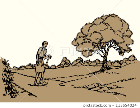 Vector drawing. Poor man going by the road Vector drawing. Poor man going by the road 115654024