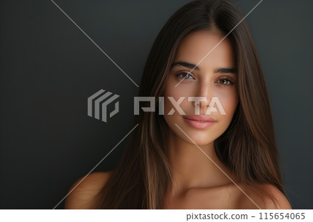 Elegant Brazilian woman with straight hair and smooth skin on a dark background Elegant Brazilian woman with straight hair and smooth skin on a dark background 115654065
