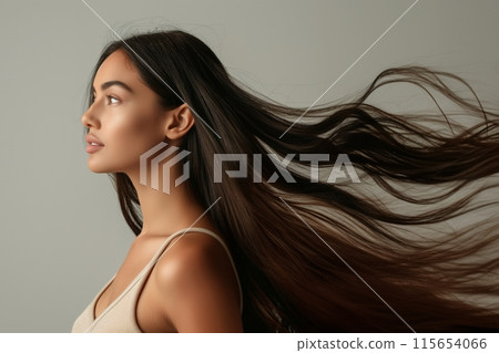 Graceful Brazilian woman with dynamic, wind-blown brunette hair 115654066