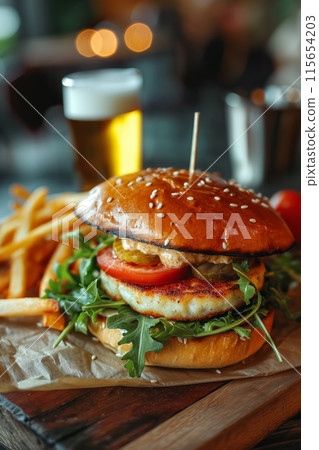 Halloumi burger with fresh lettuce, tomato, and fries on a sesame bun, served with a drink 115654203