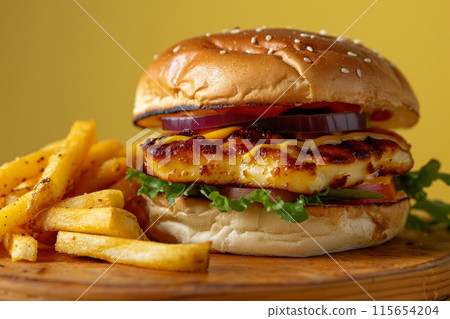 Tasty halloumi burger with lettuce, tomato, onion, and fries on a sesame bun, on a wooden board 115654204