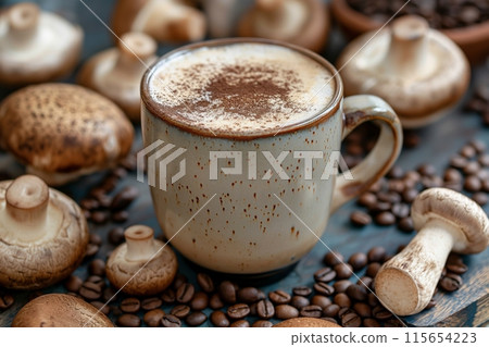 A rustic cup of mushroom coffee surrounded by fresh beans and raw mushrooms 115654223