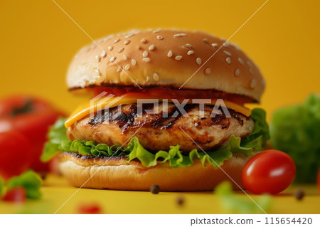 Fresh chicken burger with egg and vegetables on a bright yellow backdrop, simple yet delicious 115654420