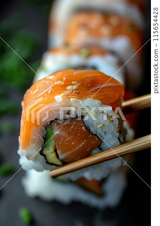 Salmon sushi rolls on a plate, detailed and inviting with a traditional touch 115654428